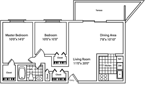 Floor plan for 2 beds, 1 bath, 860 sqft